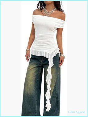 Off Shoulder Mesh T-Shirt with Ruffle Asymmetrical Hem Cap Sleeve